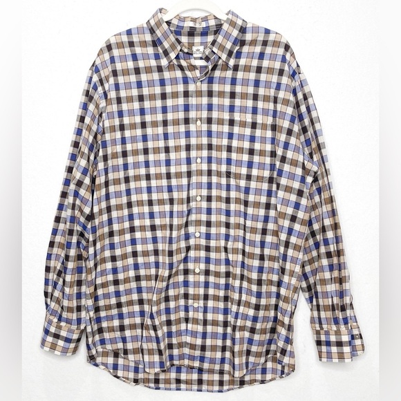 Peter Millar Men’s Brown Blue Checker Cotton Long Sleeve Button Down Shirt XL - Picture 1 of 6